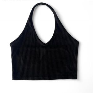 Black Fitted Ribbed Crop Halter Tank Top